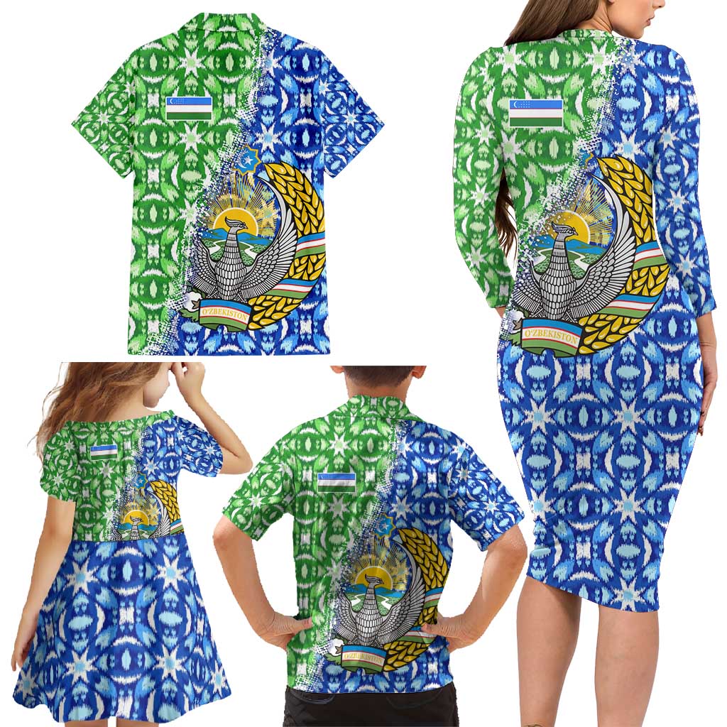 Uzbekistan Family Matching Long Sleeve Bodycon Dress and Hawaiian Shirt with Ikat Pattern and National Coat of Arms Design - Wonder Print Shop
