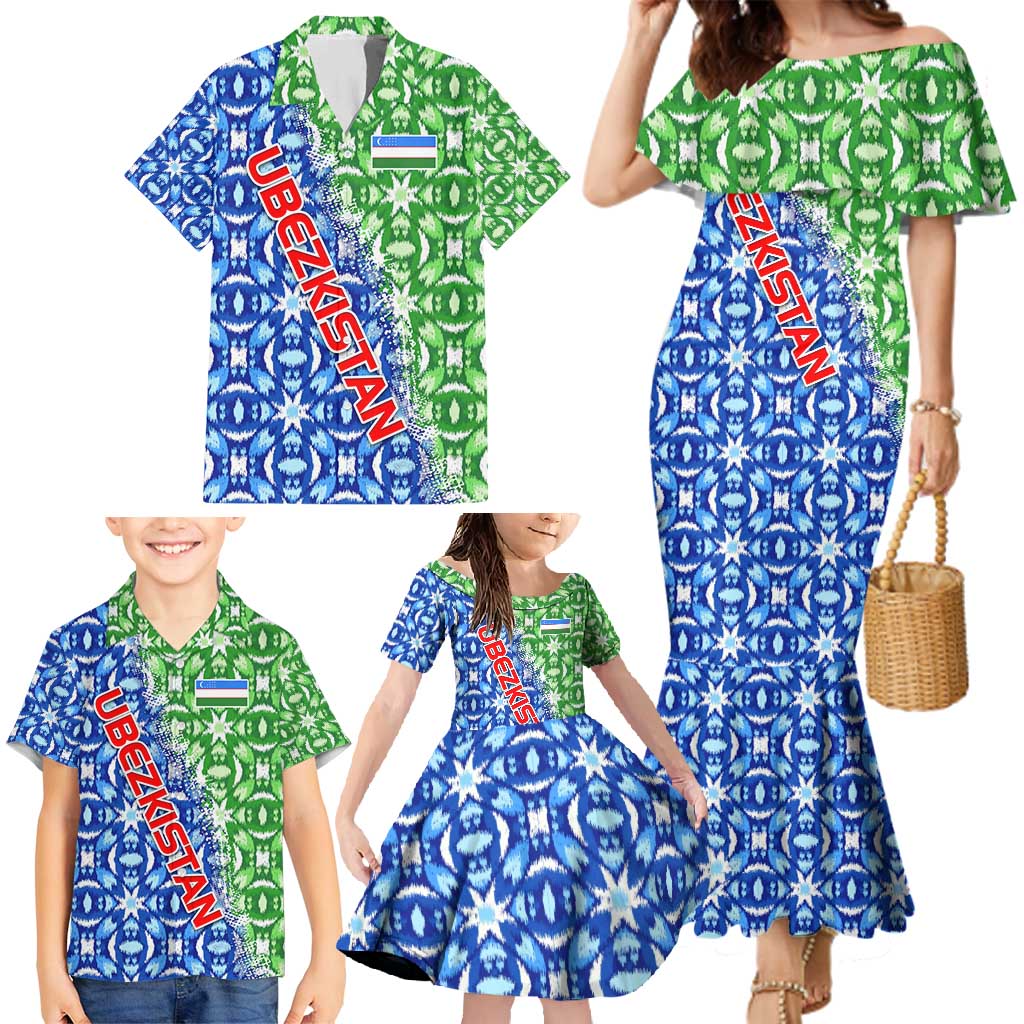 Uzbekistan Family Matching Mermaid Dress and Hawaiian Shirt with Ikat Pattern and National Coat of Arms Design - Wonder Print Shop