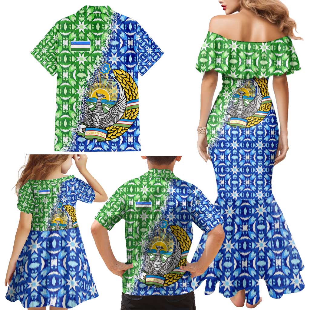 Uzbekistan Family Matching Mermaid Dress and Hawaiian Shirt with Ikat Pattern and National Coat of Arms Design - Wonder Print Shop