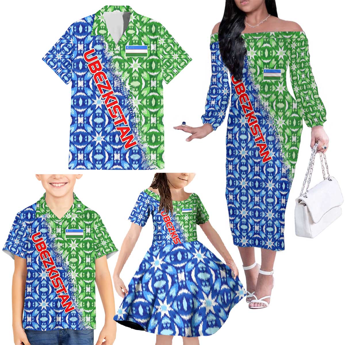 Uzbekistan Family Matching Off The Shoulder Long Sleeve Dress and Hawaiian Shirt with Ikat Pattern and National Coat of Arms Design - Wonder Print Shop