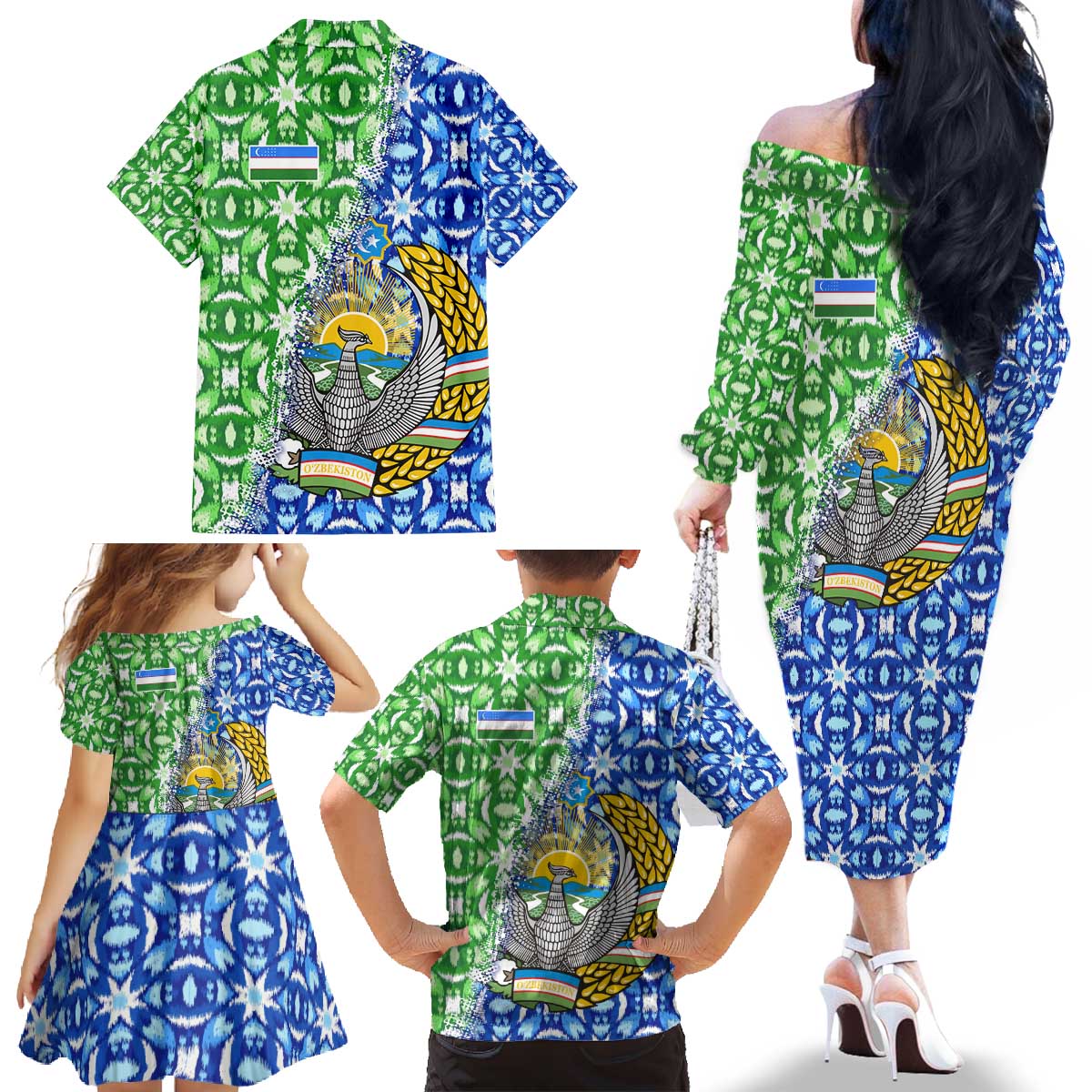 Uzbekistan Family Matching Off The Shoulder Long Sleeve Dress and Hawaiian Shirt with Ikat Pattern and National Coat of Arms Design - Wonder Print Shop
