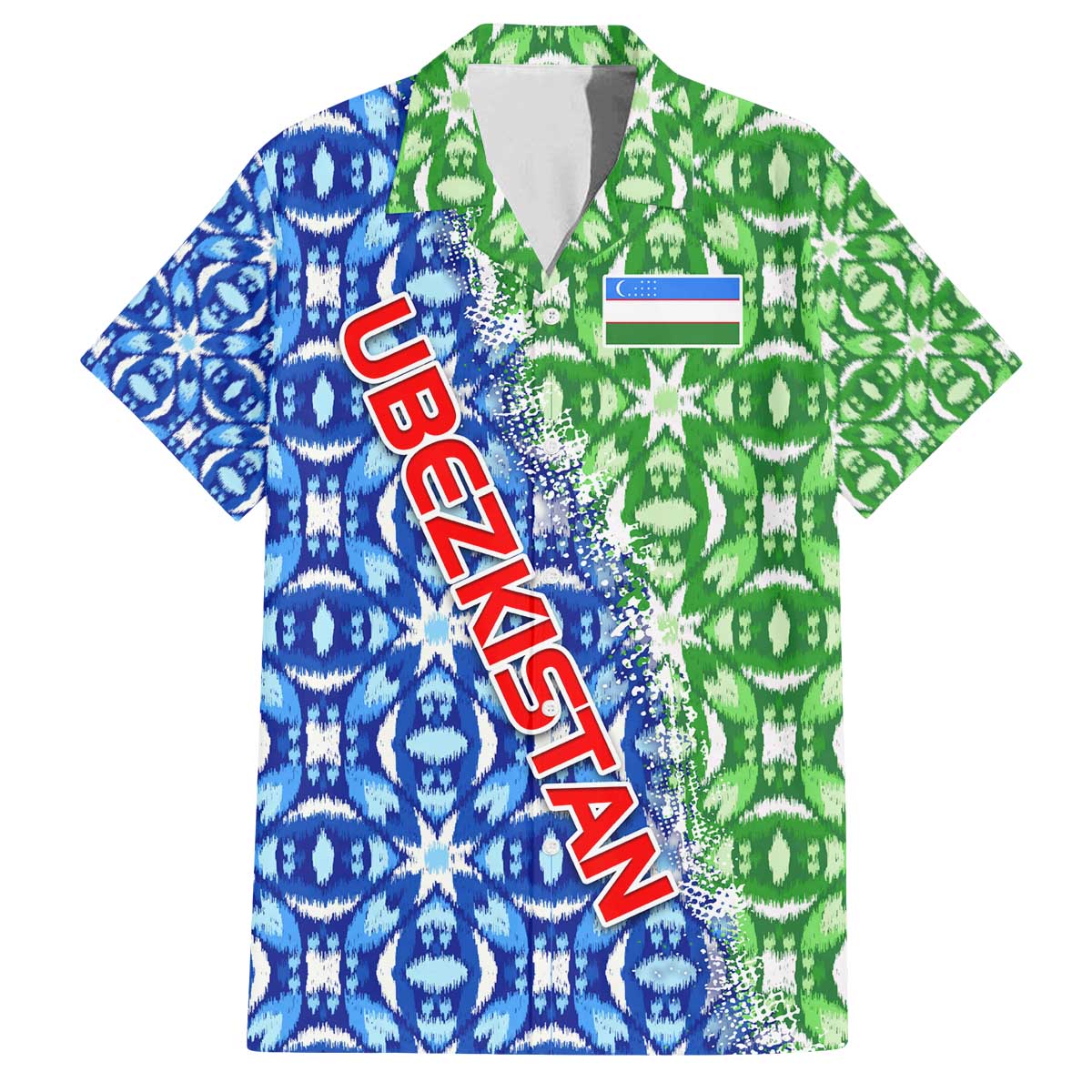 Uzbekistan Family Matching Off The Shoulder Long Sleeve Dress and Hawaiian Shirt with Ikat Pattern and National Coat of Arms Design - Wonder Print Shop