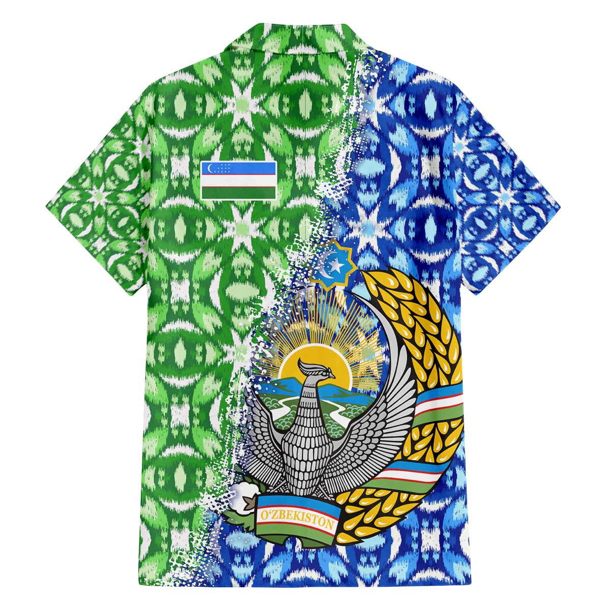Uzbekistan Family Matching Off The Shoulder Long Sleeve Dress and Hawaiian Shirt with Ikat Pattern and National Coat of Arms Design - Wonder Print Shop