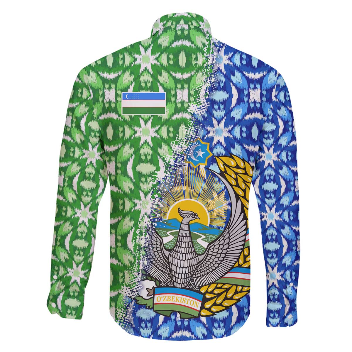 Uzbekistan Family Matching Off The Shoulder Long Sleeve Dress and Hawaiian Shirt with Ikat Pattern and National Coat of Arms Design - Wonder Print Shop