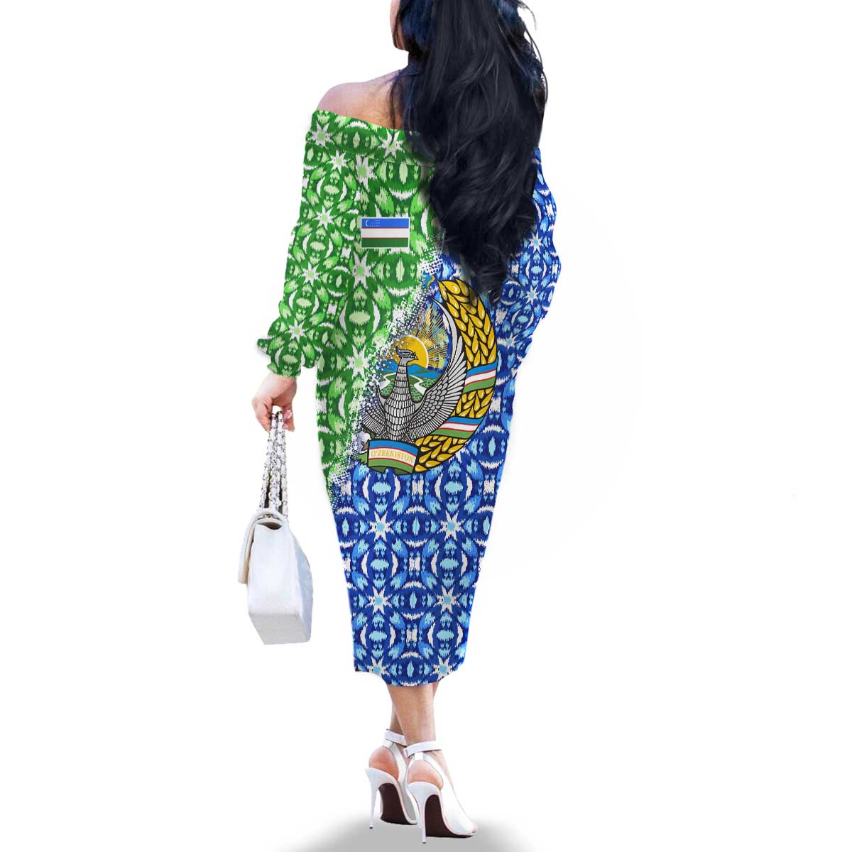 Uzbekistan Family Matching Off The Shoulder Long Sleeve Dress and Hawaiian Shirt with Ikat Pattern and National Coat of Arms Design - Wonder Print Shop