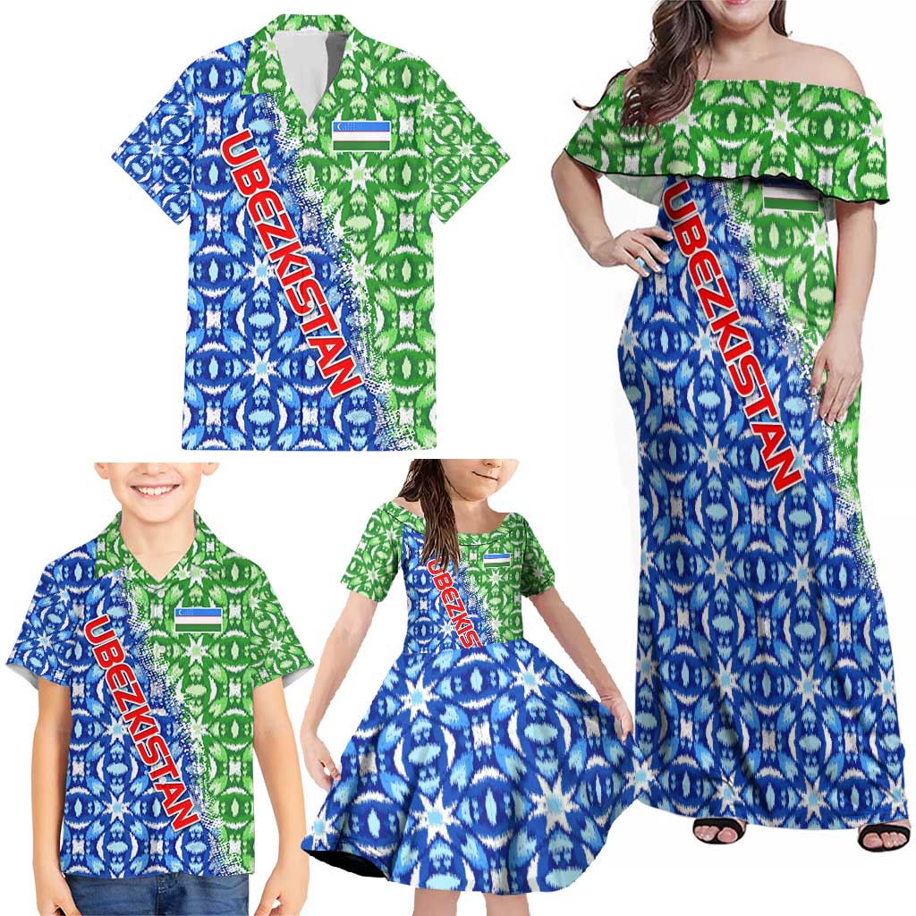 Uzbekistan Family Matching Off Shoulder Maxi Dress and Hawaiian Shirt with Ikat Pattern and National Coat of Arms Design - Wonder Print Shop