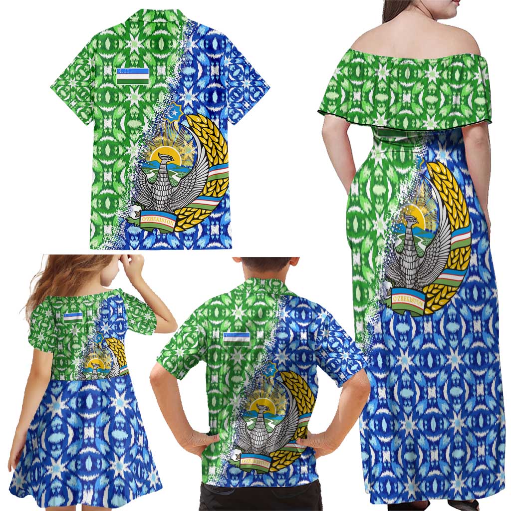 Uzbekistan Family Matching Off Shoulder Maxi Dress and Hawaiian Shirt with Ikat Pattern and National Coat of Arms Design - Wonder Print Shop
