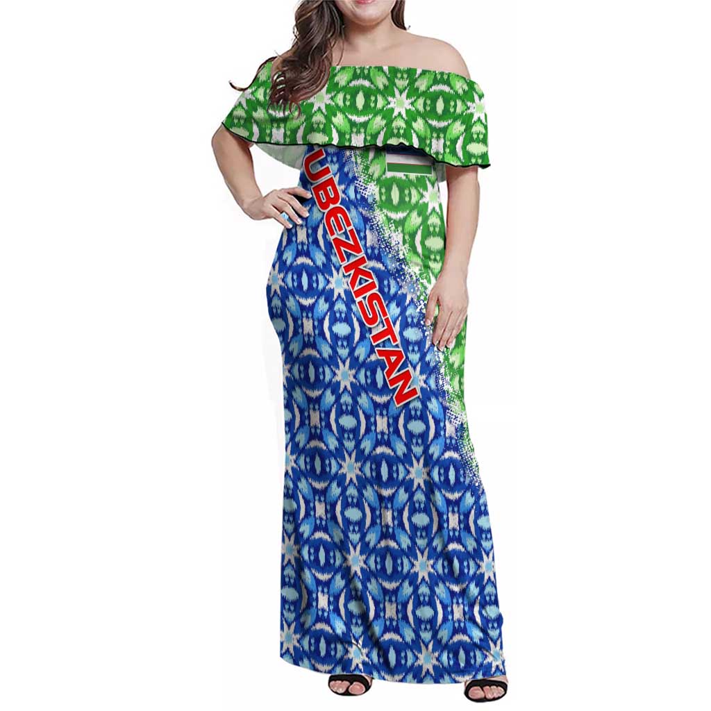 Uzbekistan Family Matching Off Shoulder Maxi Dress and Hawaiian Shirt with Ikat Pattern and National Coat of Arms Design - Wonder Print Shop