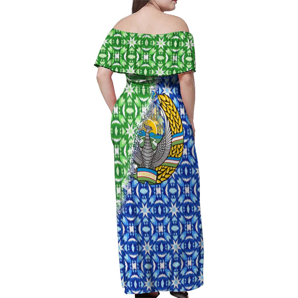Uzbekistan Family Matching Off Shoulder Maxi Dress and Hawaiian Shirt with Ikat Pattern and National Coat of Arms Design - Wonder Print Shop