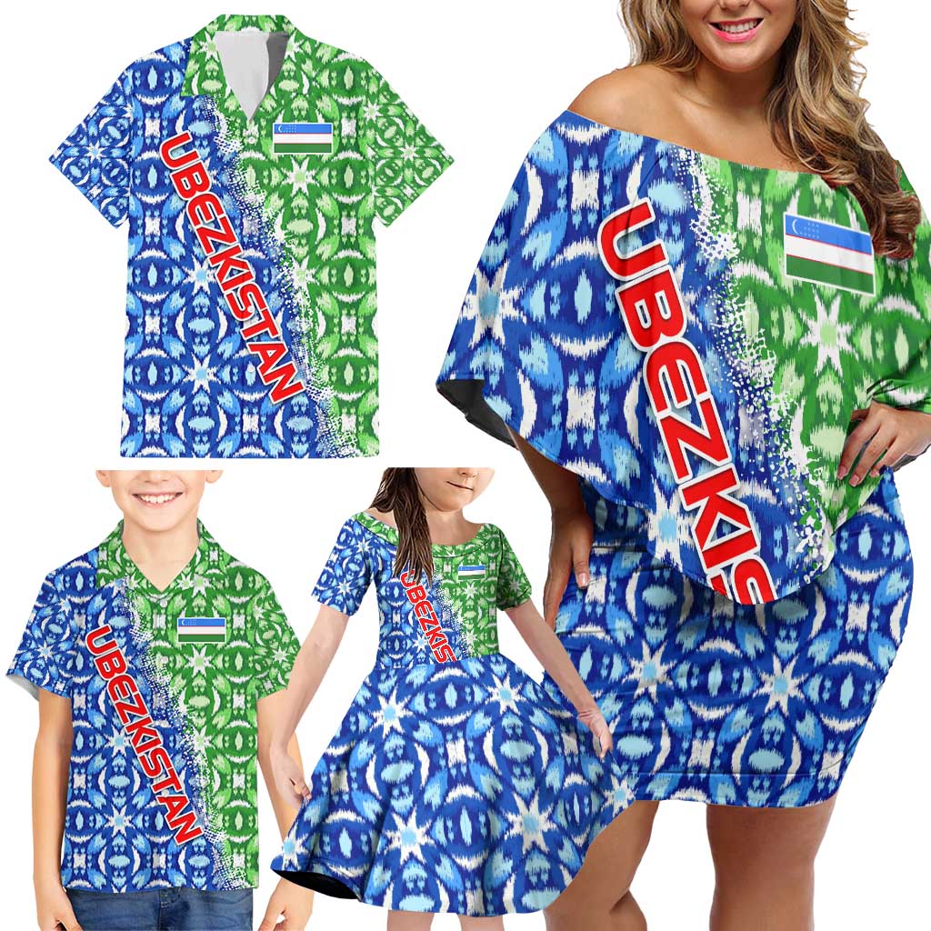 Uzbekistan Family Matching Off Shoulder Short Dress and Hawaiian Shirt with Ikat Pattern and National Coat of Arms Design - Wonder Print Shop