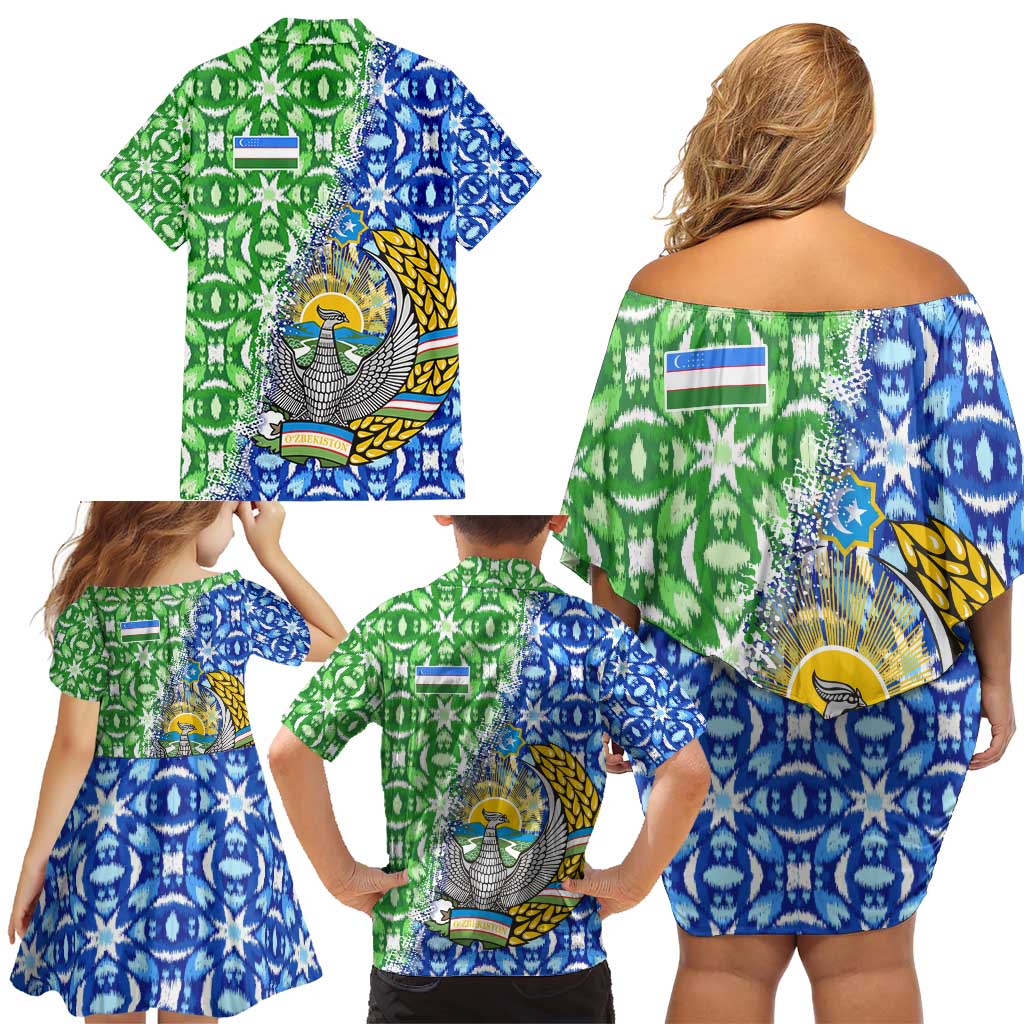 Uzbekistan Family Matching Off Shoulder Short Dress and Hawaiian Shirt with Ikat Pattern and National Coat of Arms Design - Wonder Print Shop