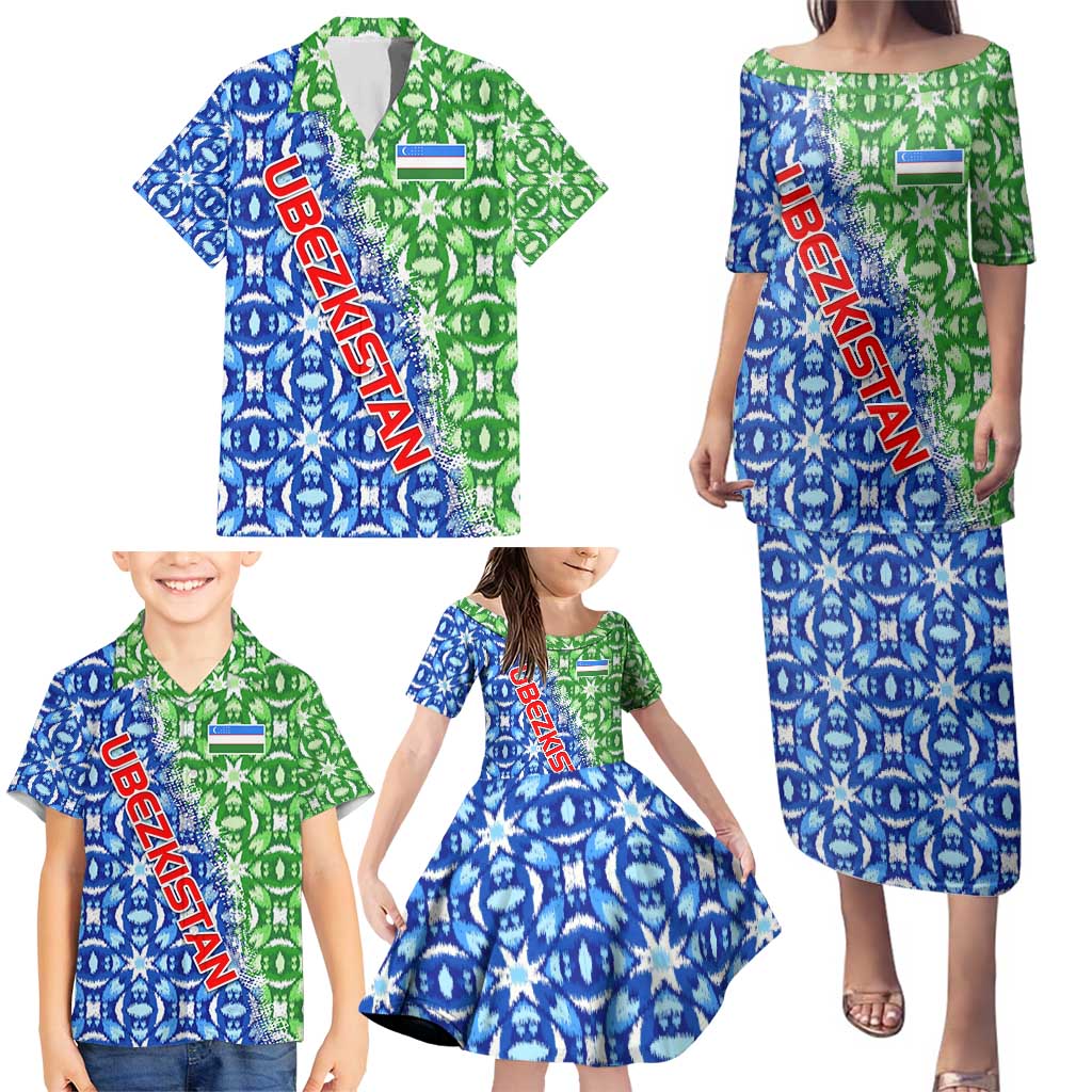 Uzbekistan Family Matching Puletasi and Hawaiian Shirt with Ikat Pattern and National Coat of Arms Design - Wonder Print Shop