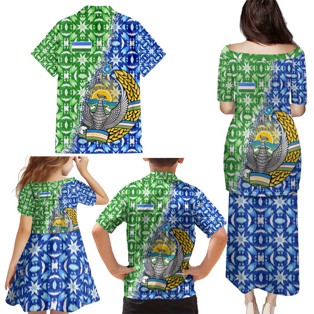 Uzbekistan Family Matching Puletasi and Hawaiian Shirt with Ikat Pattern and National Coat of Arms Design - Wonder Print Shop