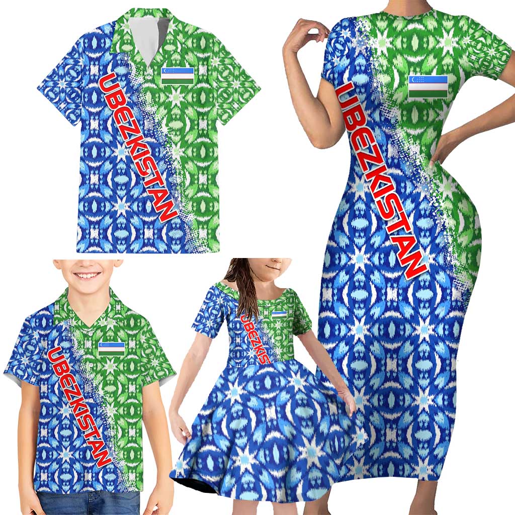 Uzbekistan Family Matching Short Sleeve Bodycon Dress and Hawaiian Shirt with Ikat Pattern and National Coat of Arms Design - Wonder Print Shop