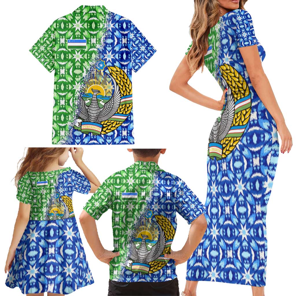 Uzbekistan Family Matching Short Sleeve Bodycon Dress and Hawaiian Shirt with Ikat Pattern and National Coat of Arms Design - Wonder Print Shop
