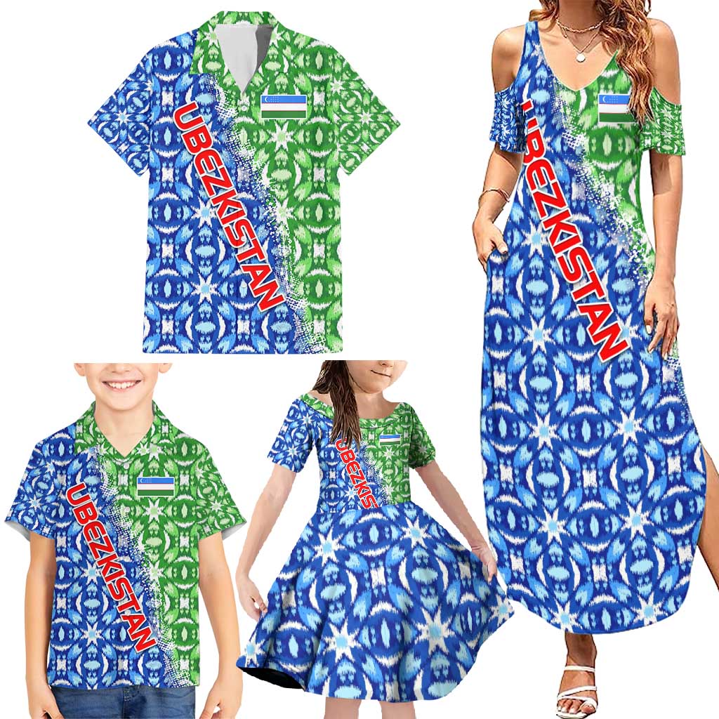 Uzbekistan Family Matching Summer Maxi Dress and Hawaiian Shirt with Ikat Pattern and National Coat of Arms Design - Wonder Print Shop