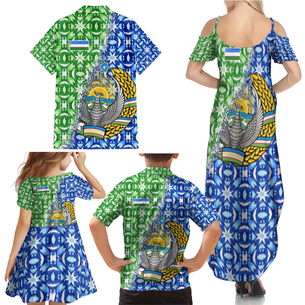 Uzbekistan Family Matching Summer Maxi Dress and Hawaiian Shirt with Ikat Pattern and National Coat of Arms Design - Wonder Print Shop