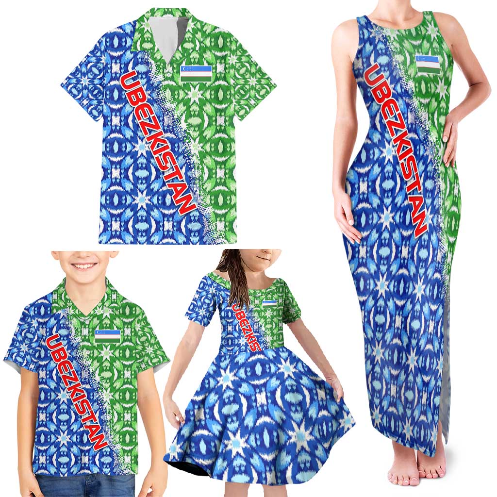 Uzbekistan Family Matching Tank Maxi Dress and Hawaiian Shirt with Ikat Pattern and National Coat of Arms Design - Wonder Print Shop