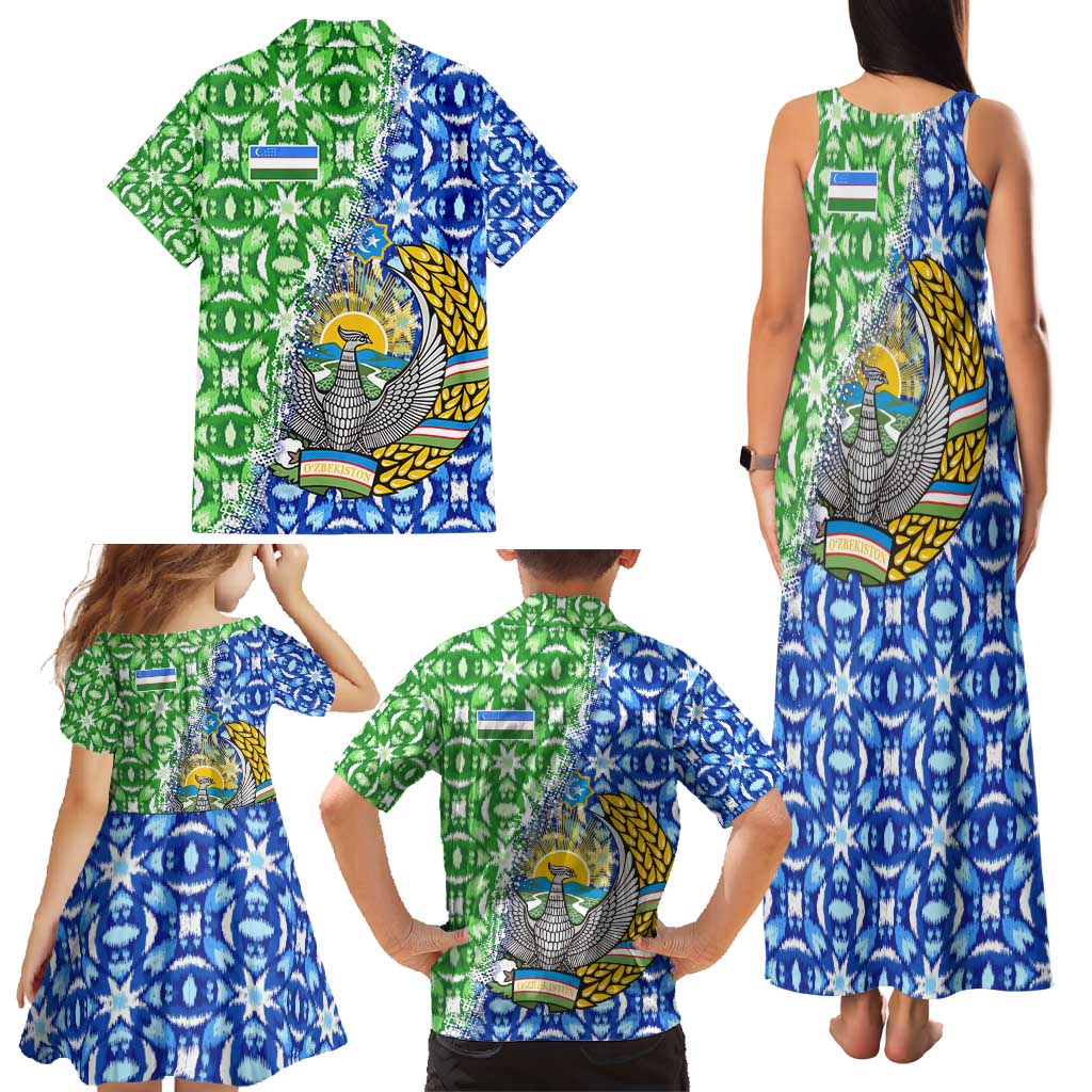 Uzbekistan Family Matching Tank Maxi Dress and Hawaiian Shirt with Ikat Pattern and National Coat of Arms Design - Wonder Print Shop