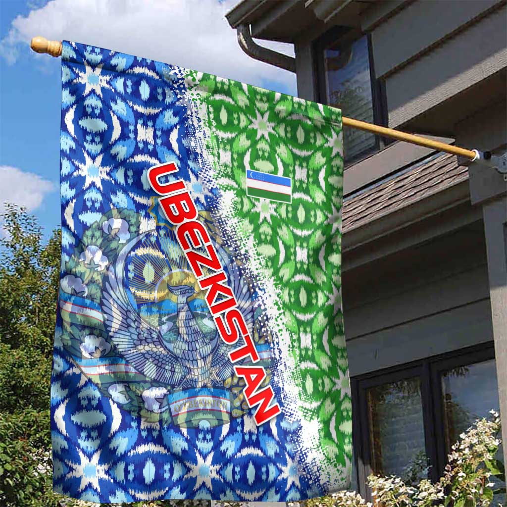 Uzbekistan Garden Flag with Ikat Pattern and National Coat of Arms Design - Wonder Print Shop