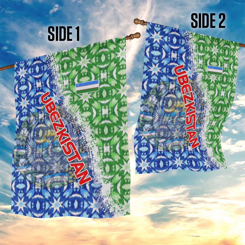 Uzbekistan Garden Flag with Ikat Pattern and National Coat of Arms Design - Wonder Print Shop