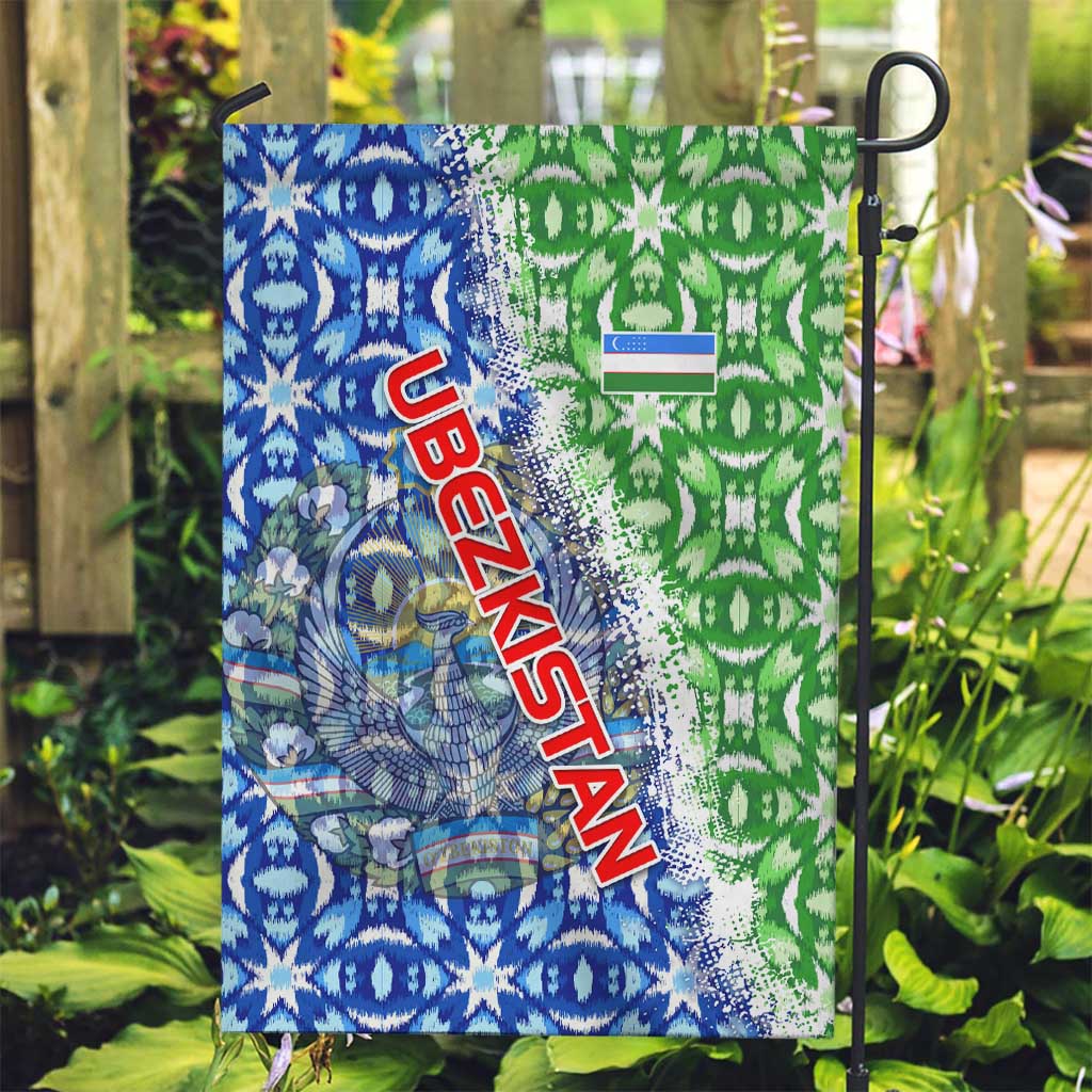 Uzbekistan Garden Flag with Ikat Pattern and National Coat of Arms Design - Wonder Print Shop