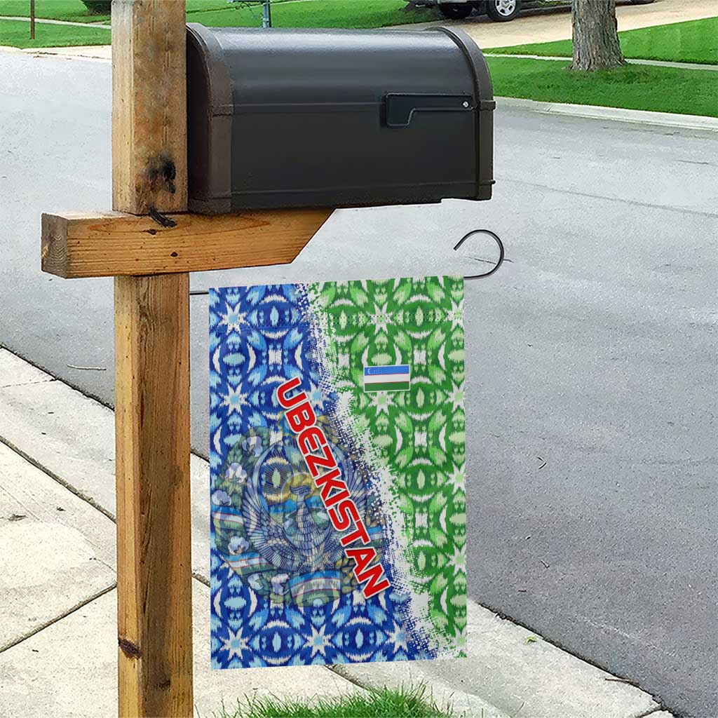 Uzbekistan Garden Flag with Ikat Pattern and National Coat of Arms Design - Wonder Print Shop