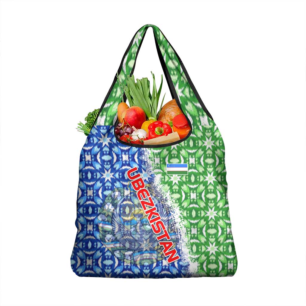 Uzbekistan Grocery Bag with Ikat Pattern and National Coat of Arms Design - Wonder Print Shop