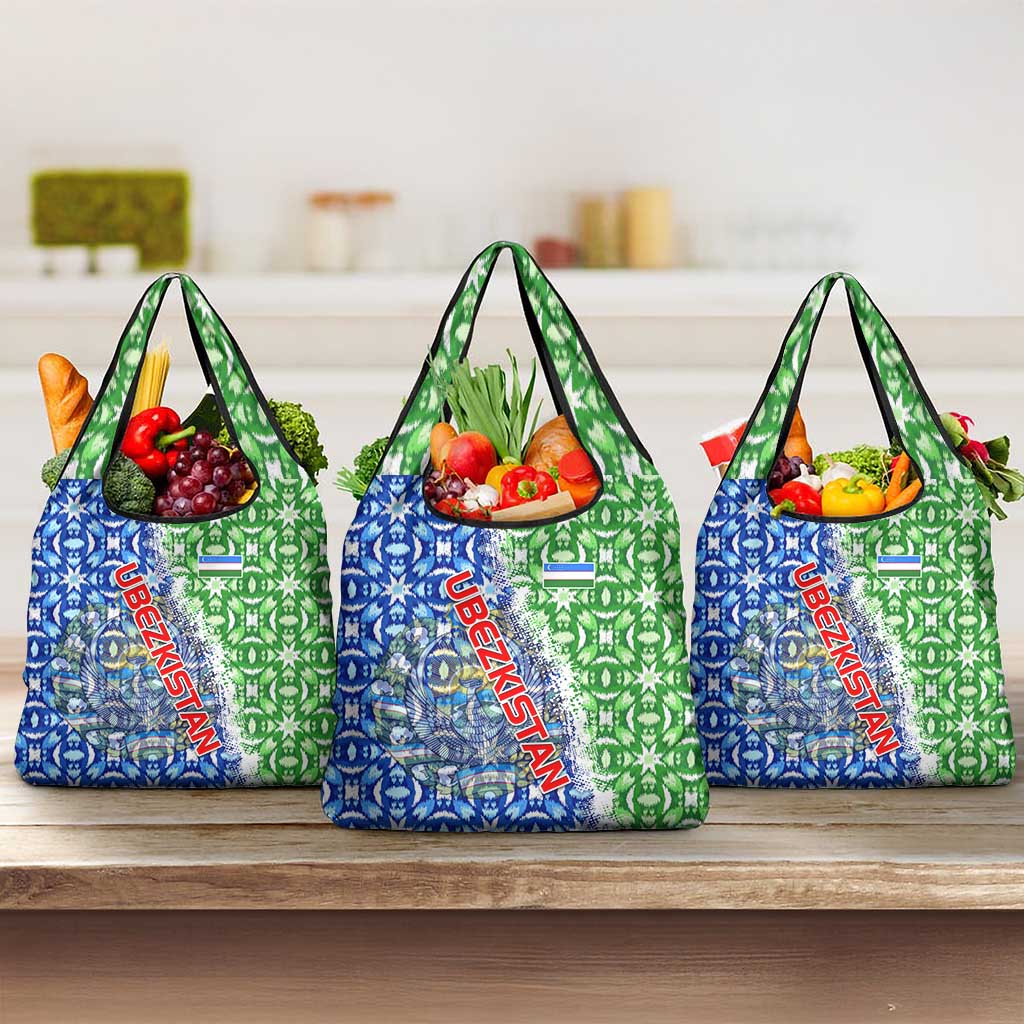 Uzbekistan Grocery Bag with Ikat Pattern and National Coat of Arms Design - Wonder Print Shop