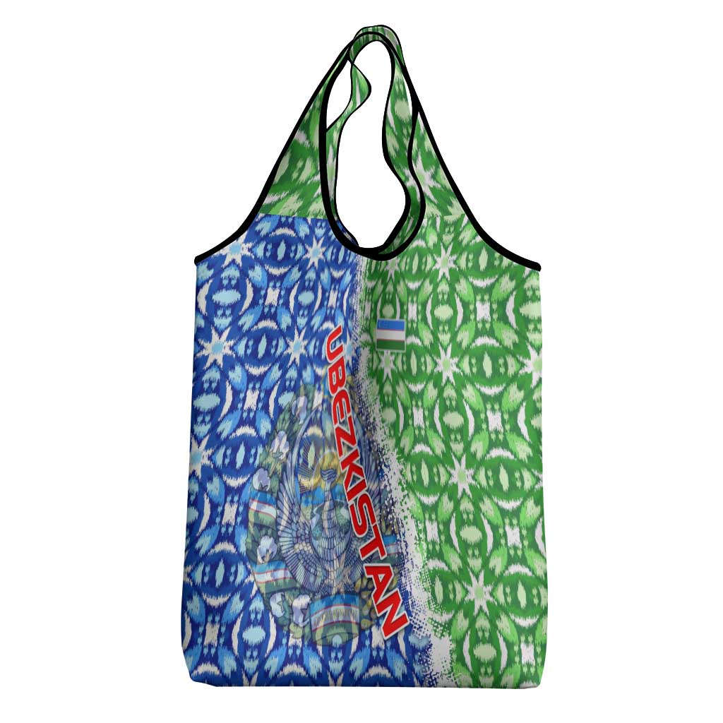 Uzbekistan Grocery Bag with Ikat Pattern and National Coat of Arms Design - Wonder Print Shop