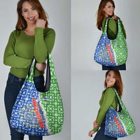 Uzbekistan Grocery Bag with Ikat Pattern and National Coat of Arms Design - Wonder Print Shop