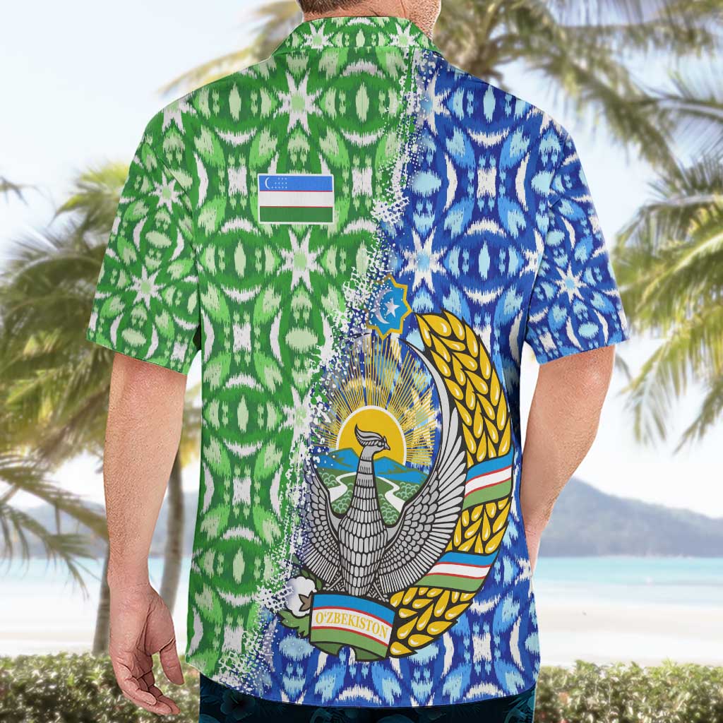 Uzbekistan Hawaiian Shirt with Ikat Pattern and National Coat of Arms Design - Wonder Print Shop