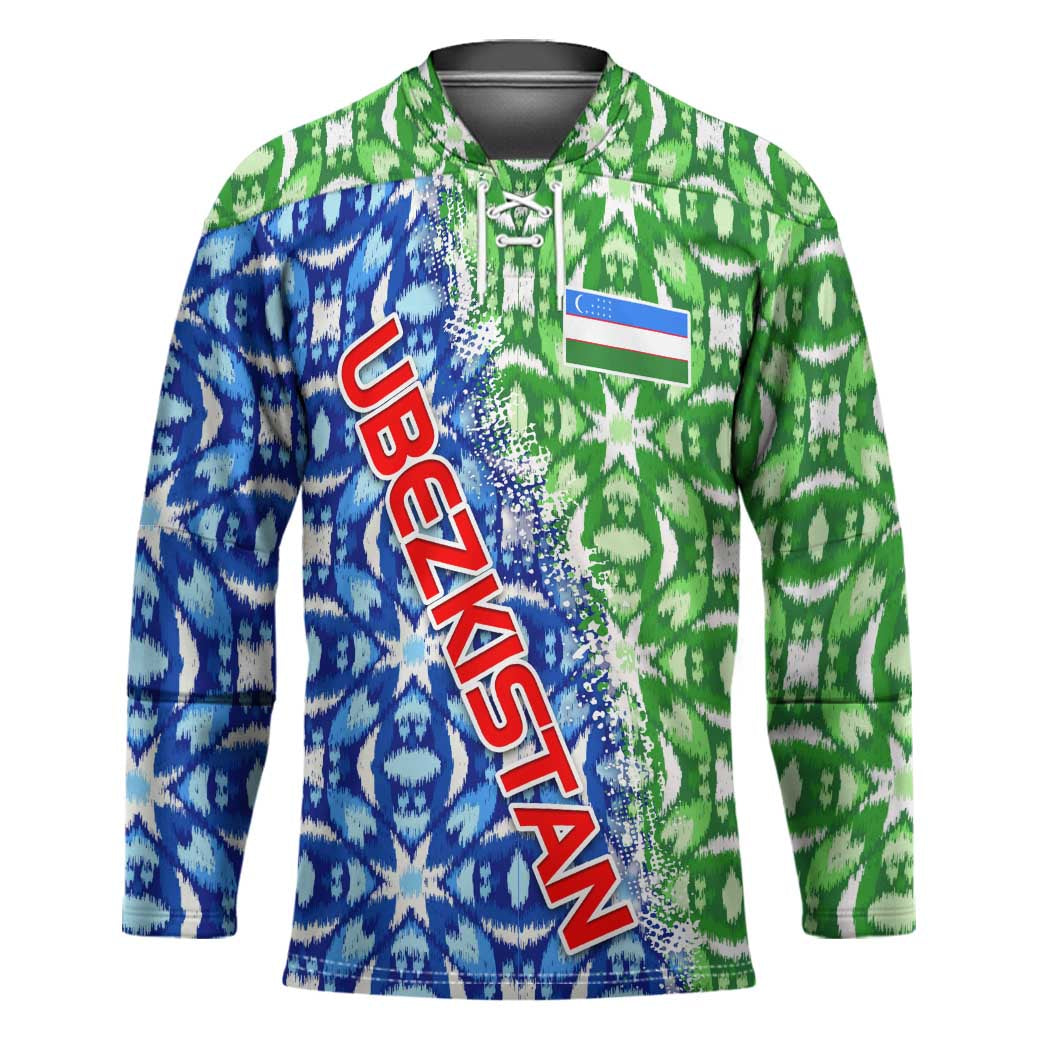 Uzbekistan Hockey Jersey with Ikat Pattern and National Coat of Arms Design - Wonder Print Shop