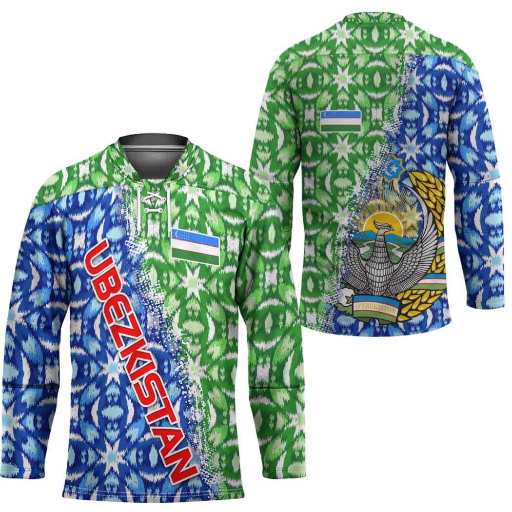 Uzbekistan Hockey Jersey with Ikat Pattern and National Coat of Arms Design - Wonder Print Shop