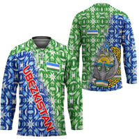 Uzbekistan Hockey Jersey with Ikat Pattern and National Coat of Arms Design - Wonder Print Shop
