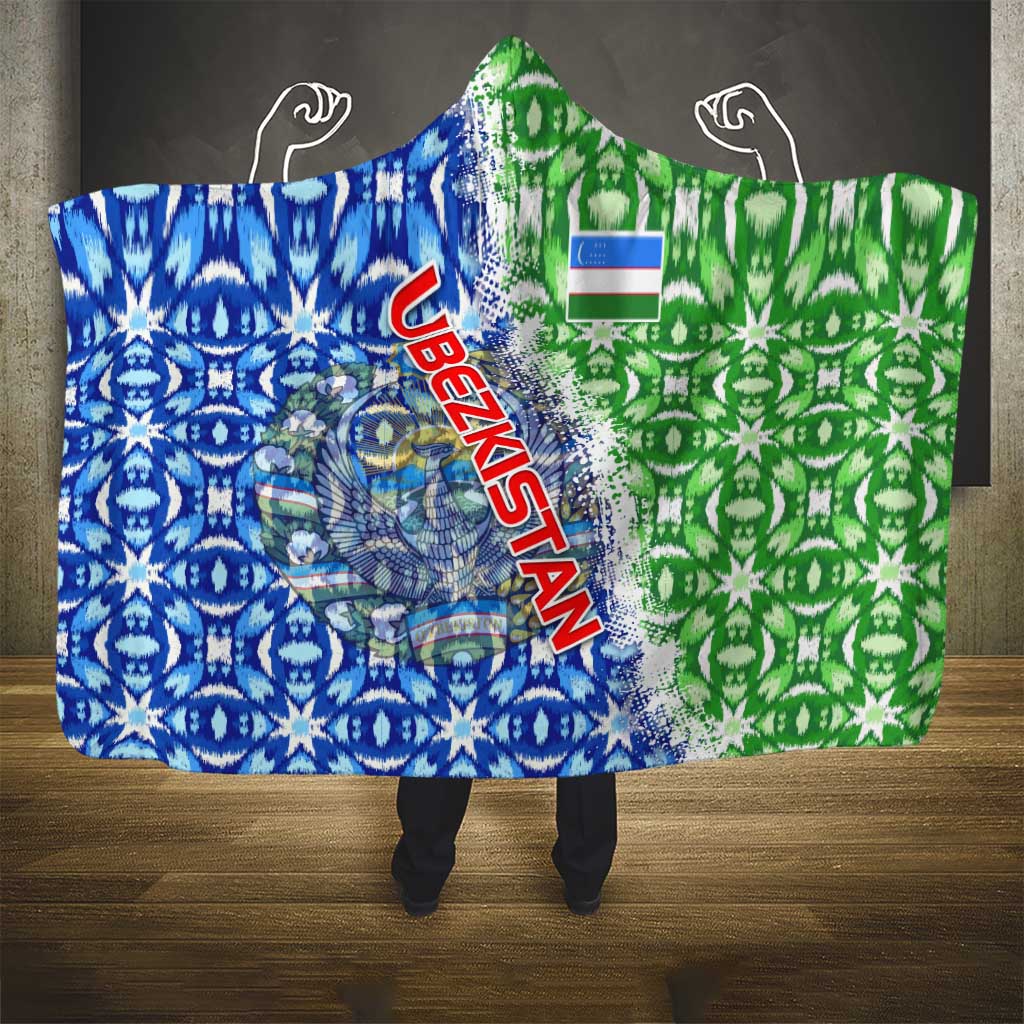 Uzbekistan Hooded Blanket with Ikat Pattern and National Coat of Arms Design - Wonder Print Shop