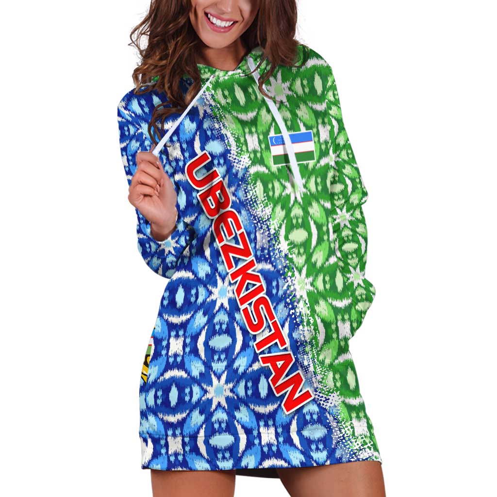 Uzbekistan Hoodie Dress with Ikat Pattern and National Coat of Arms Design - Wonder Print Shop