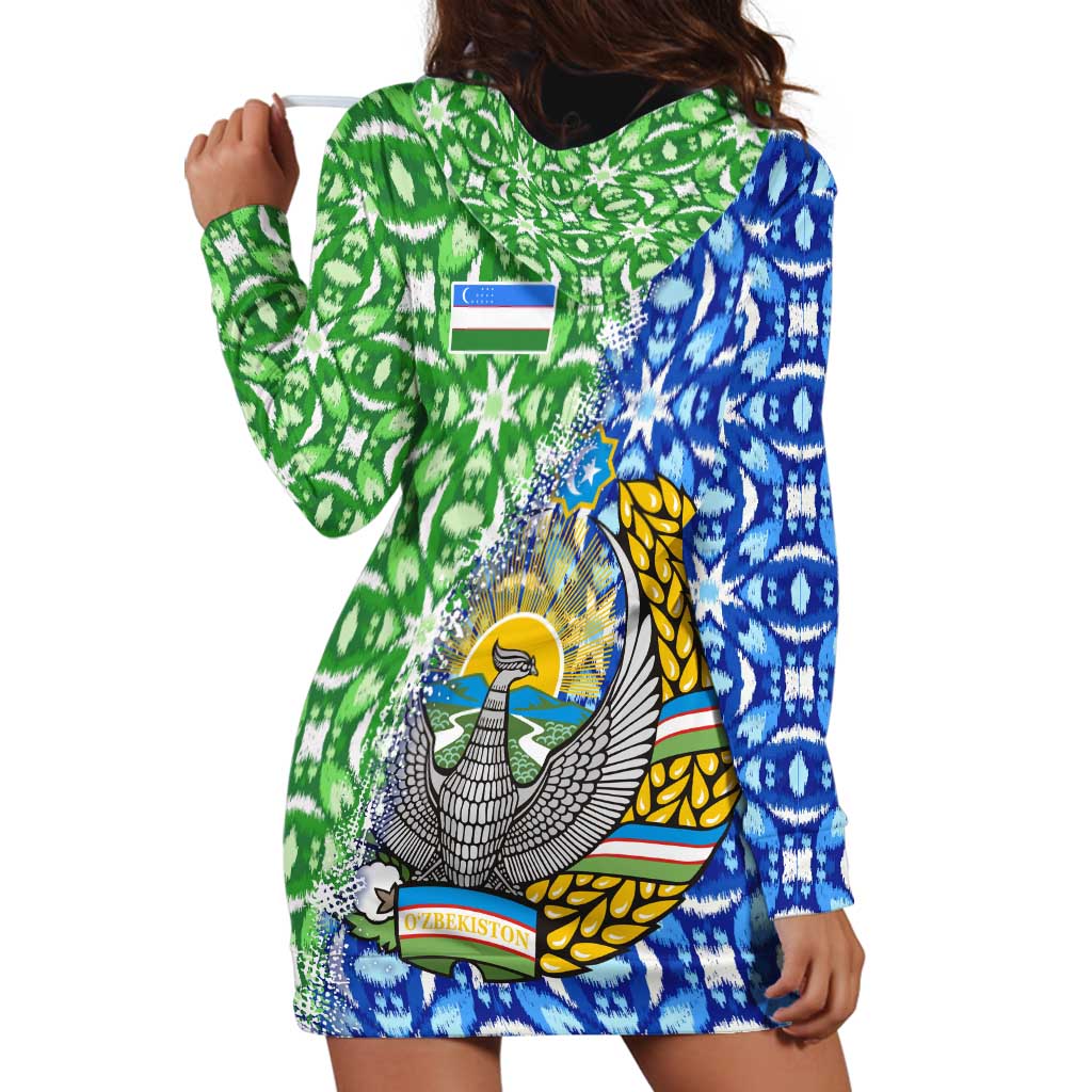 Uzbekistan Hoodie Dress with Ikat Pattern and National Coat of Arms Design - Wonder Print Shop