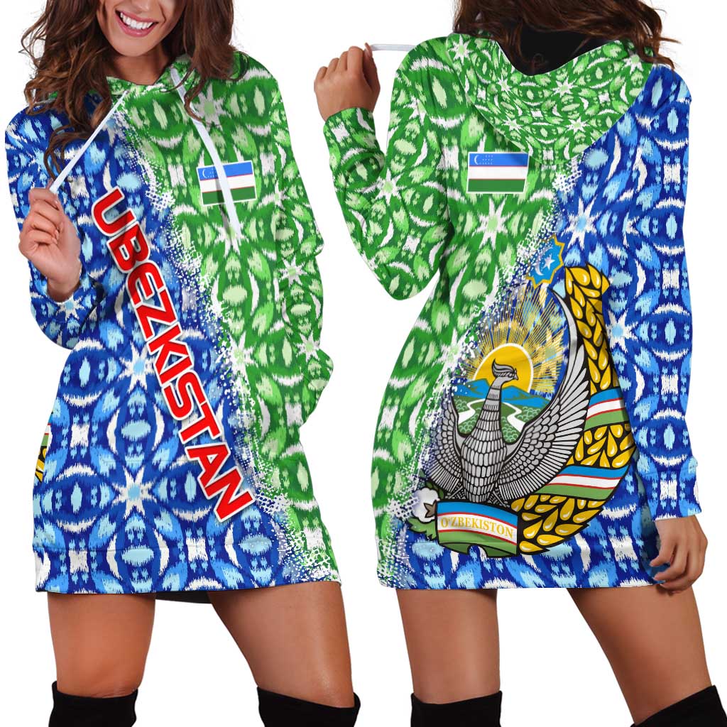 Uzbekistan Hoodie Dress with Ikat Pattern and National Coat of Arms Design - Wonder Print Shop