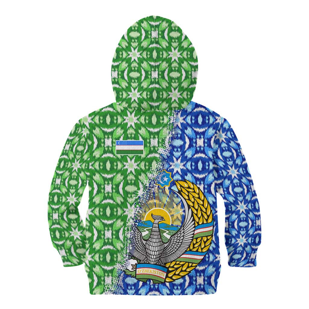 Uzbekistan Kid Hoodie with Ikat Pattern and National Coat of Arms Design - Wonder Print Shop