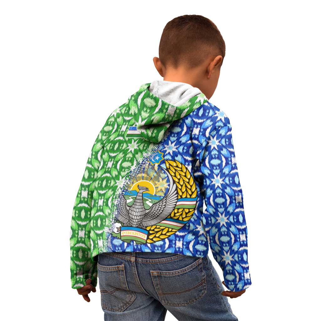 Uzbekistan Kid Hoodie with Ikat Pattern and National Coat of Arms Design - Wonder Print Shop