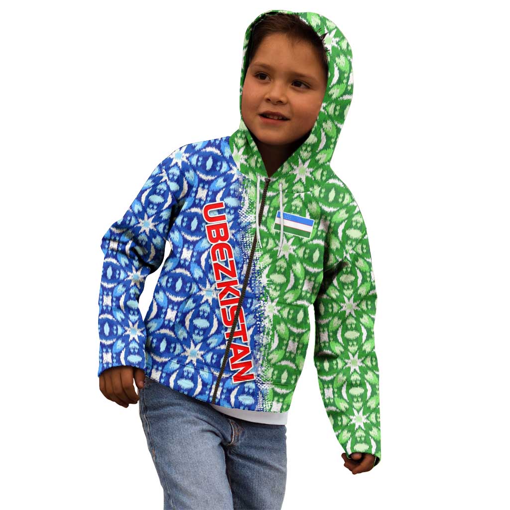 Uzbekistan Kid Hoodie with Ikat Pattern and National Coat of Arms Design - Wonder Print Shop