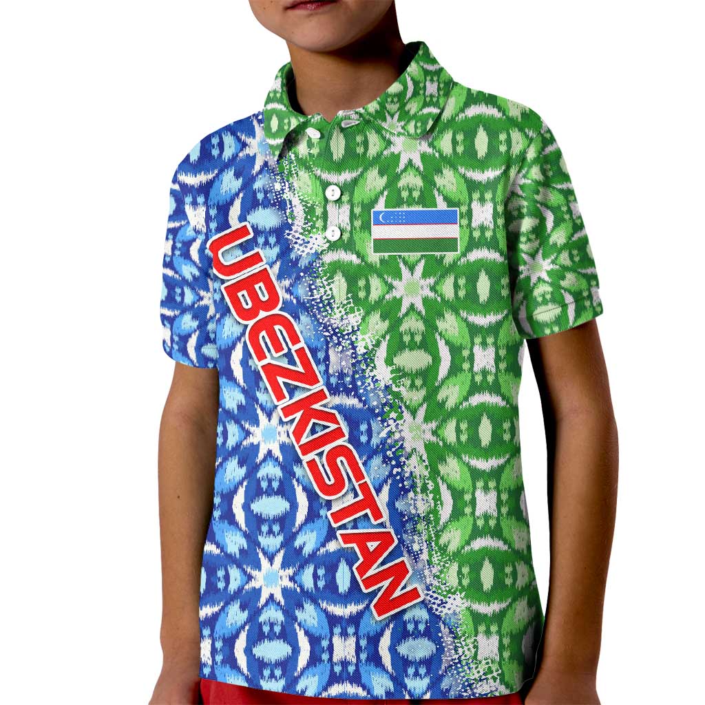 Uzbekistan Kid Polo Shirt with Ikat Pattern and National Coat of Arms Design - Wonder Print Shop
