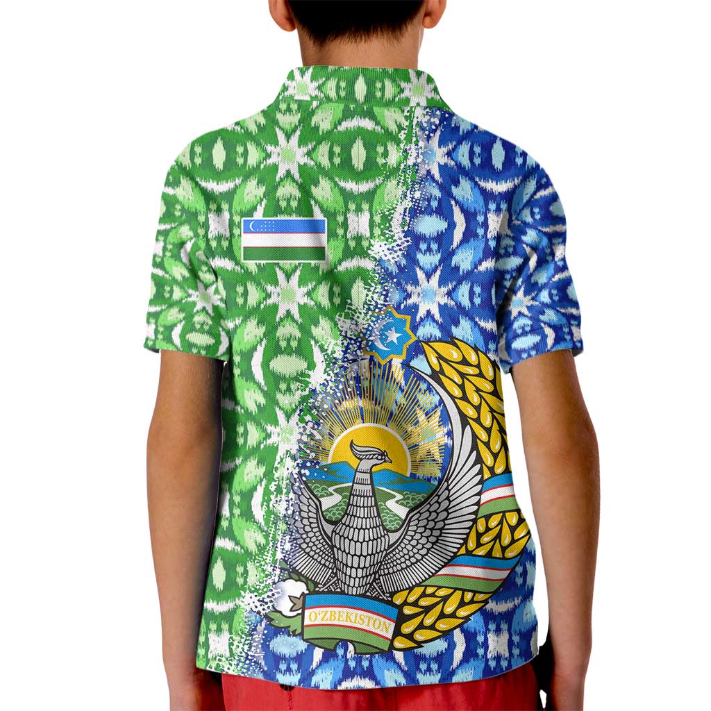 Uzbekistan Kid Polo Shirt with Ikat Pattern and National Coat of Arms Design - Wonder Print Shop