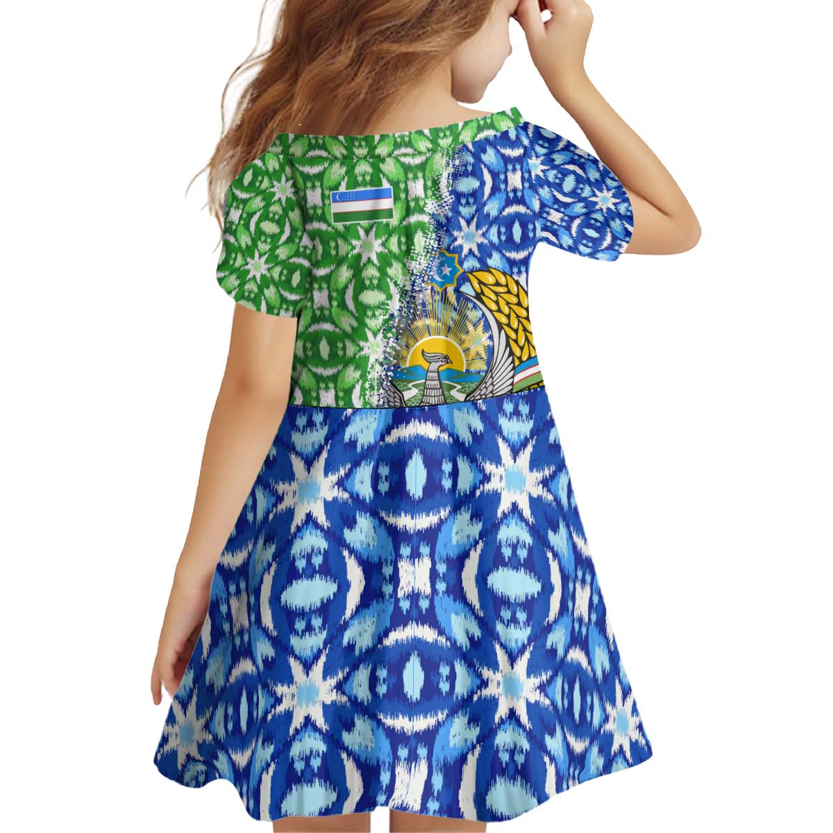 Uzbekistan Kid Short Sleeve Dress with Ikat Pattern and National Coat of Arms Design - Wonder Print Shop