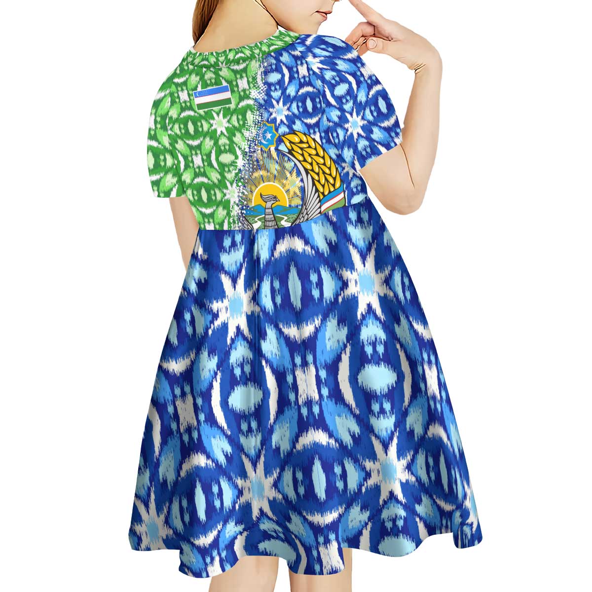 Uzbekistan Kid Short Sleeve Dress with Ikat Pattern and National Coat of Arms Design - Wonder Print Shop