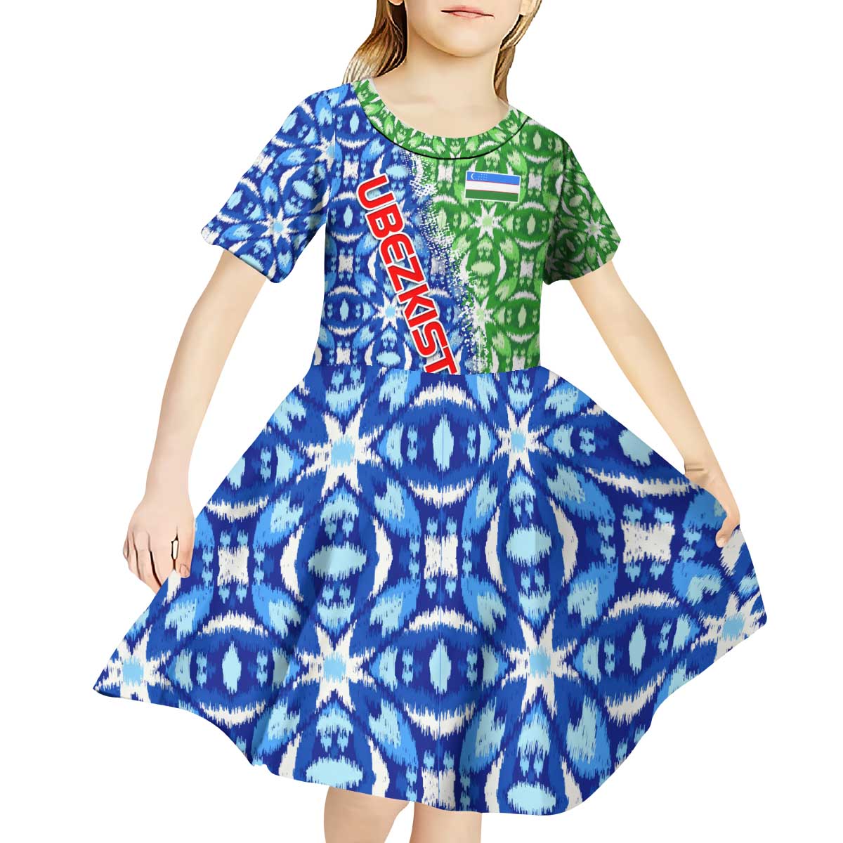 Uzbekistan Kid Short Sleeve Dress with Ikat Pattern and National Coat of Arms Design - Wonder Print Shop