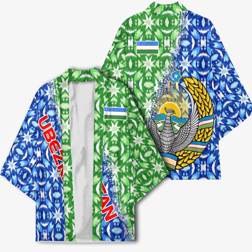 Uzbekistan Kimono with Ikat Pattern and National Coat of Arms Design - Wonder Print Shop