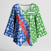 Uzbekistan Kimono Sleeve Blouse with Ikat Pattern and National Coat of Arms Design - Wonder Print Shop