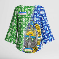 Uzbekistan Kimono Sleeve Blouse with Ikat Pattern and National Coat of Arms Design - Wonder Print Shop